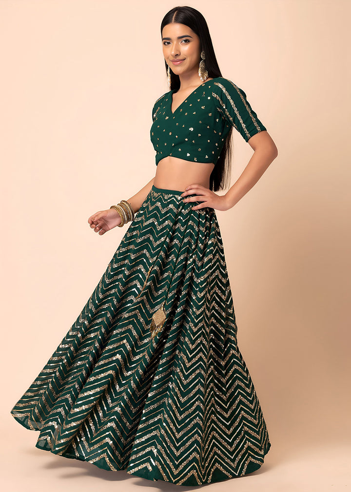 Buy Now Georgette Green Zari & Sequins Wedding Festive Lehenga Choli Online in US, UK, Canada, France, Italy, Germany, Australia, Greece & Worldwide at Empress.