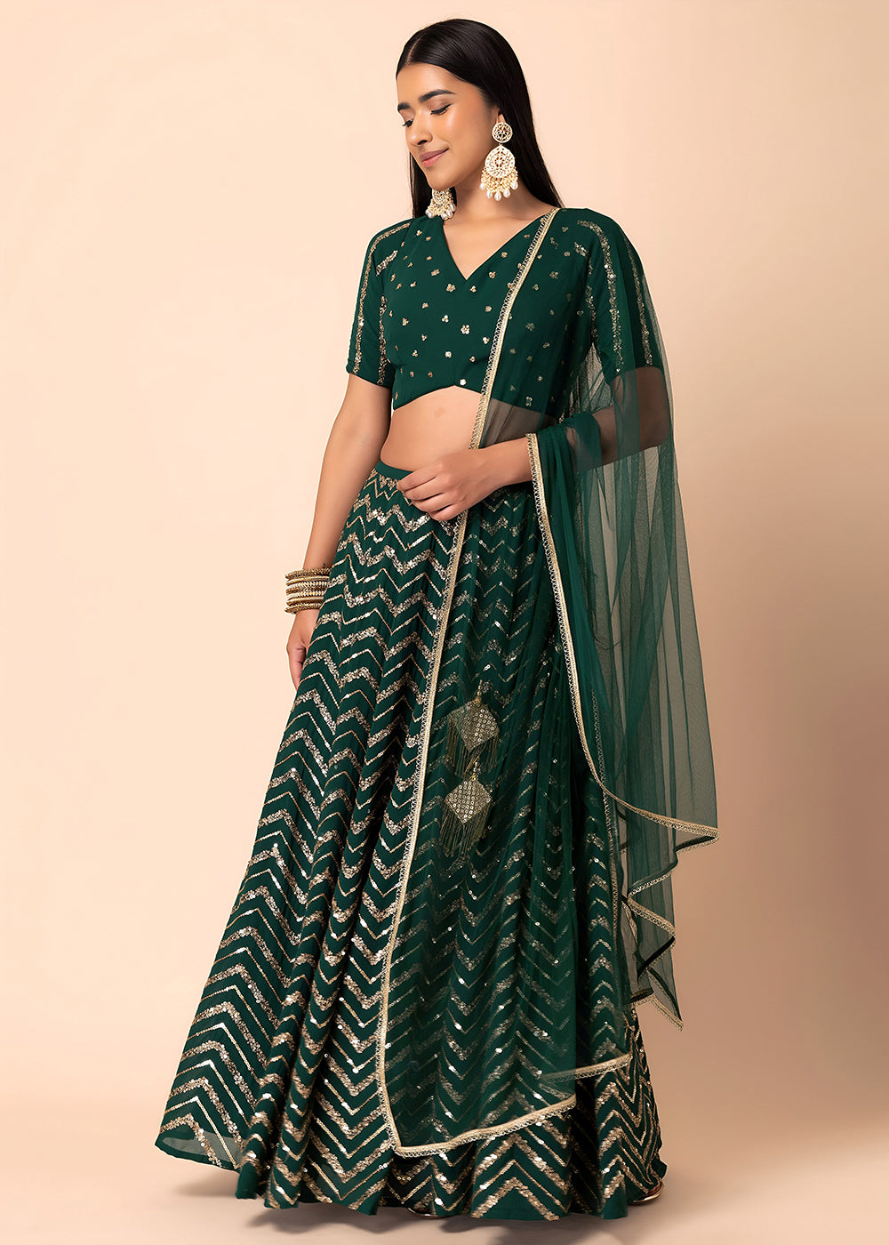 Buy Now Georgette Green Zari & Sequins Wedding Festive Lehenga Choli Online in US, UK, Canada, France, Italy, Germany, Australia, Greece & Worldwide at Empress.