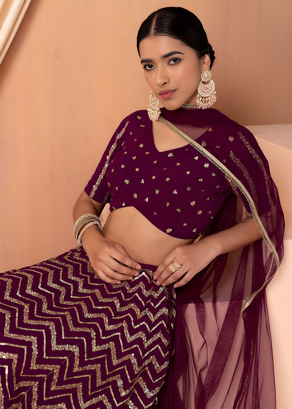 Buy Now Georgette Maroon Zari & Sequins Wedding Festive Lehenga Choli Online in US, UK, Canada, France, Italy, Germany, Australia, Greece & Worldwide at Empress.
