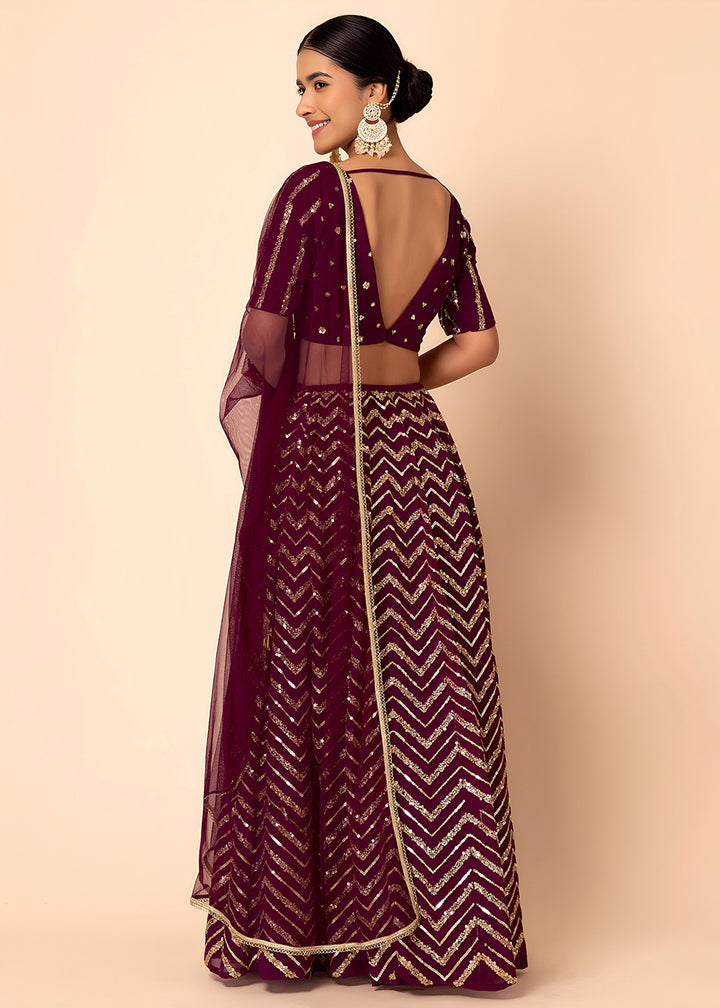 Buy Now Georgette Maroon Zari & Sequins Wedding Festive Lehenga Choli Online in US, UK, Canada, France, Italy, Germany, Australia, Greece & Worldwide at Empress.