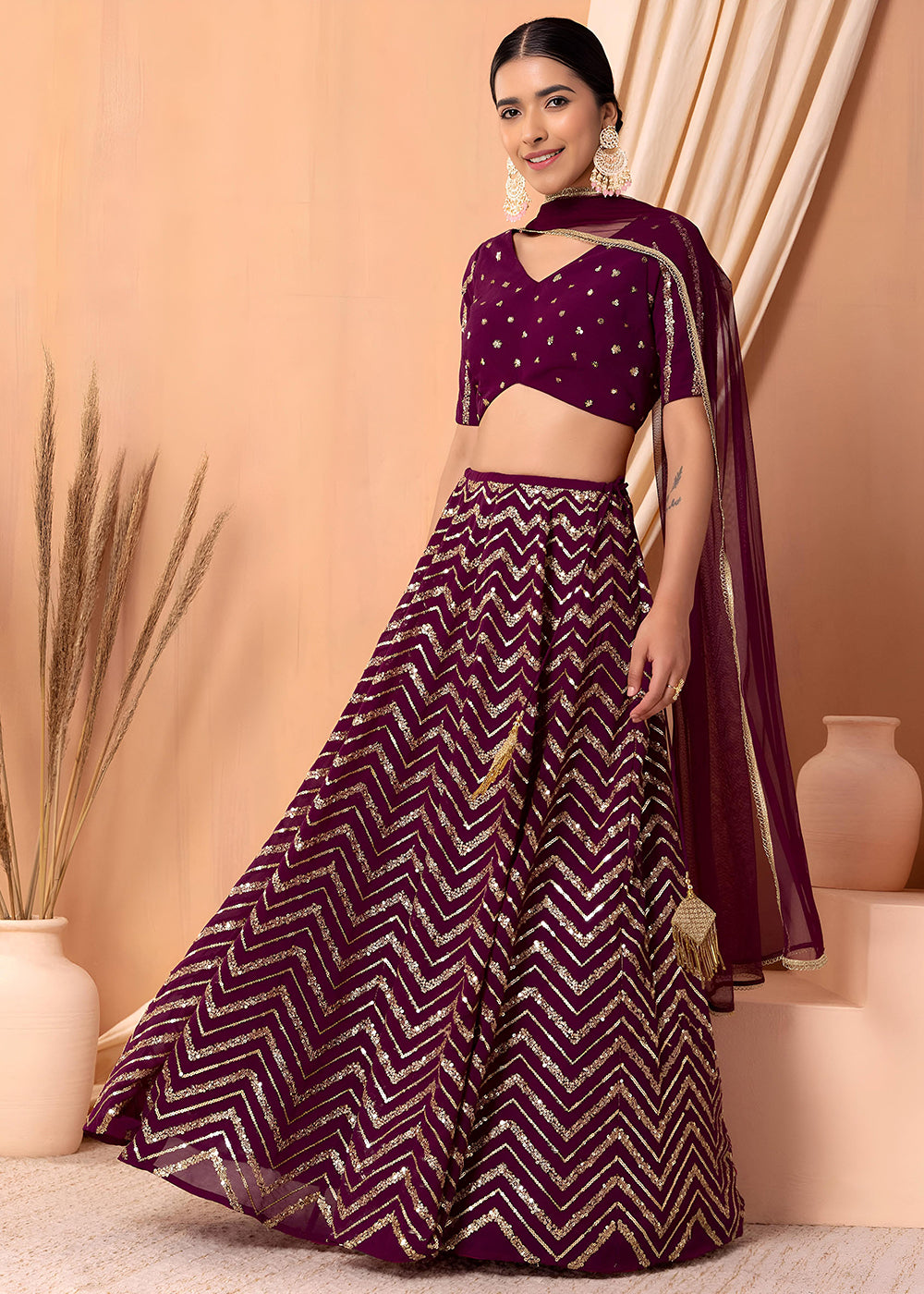 Buy Now Georgette Maroon Zari & Sequins Wedding Festive Lehenga Choli Online in US, UK, Canada, France, Italy, Germany, Australia, Greece & Worldwide at Empress.