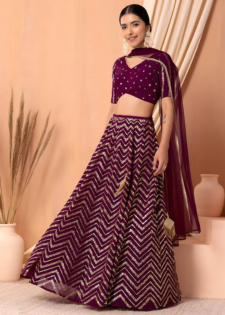 Buy Now Georgette Maroon Zari & Sequins Wedding Festive Lehenga Choli Online in US, UK, Canada, France, Italy, Germany, Australia, Greece & Worldwide at Empress.