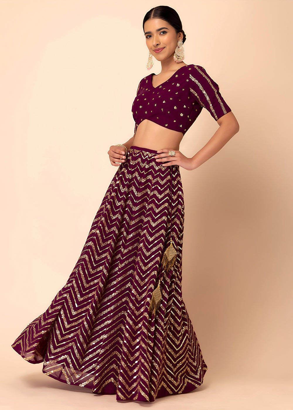 Buy Now Georgette Maroon Zari & Sequins Wedding Festive Lehenga Choli Online in US, UK, Canada, France, Italy, Germany, Australia, Greece & Worldwide at Empress.