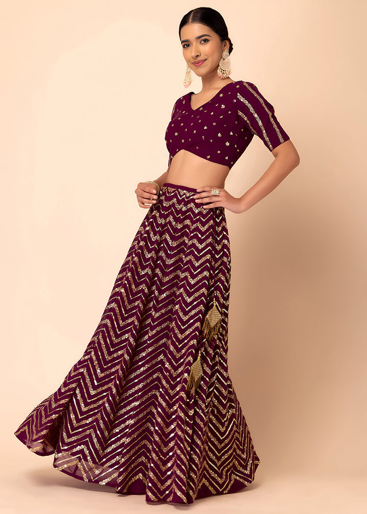 Buy Now Georgette Maroon Zari & Sequins Wedding Festive Lehenga Choli Online in US, UK, Canada, France, Italy, Germany, Australia, Greece & Worldwide at Empress.