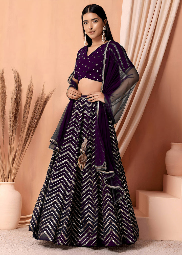 Buy Now Georgette Purple Zari & Sequins Wedding Festive Lehenga Choli Online in US, UK, Canada, France, Italy, Germany, Australia, Greece & Worldwide at Empress