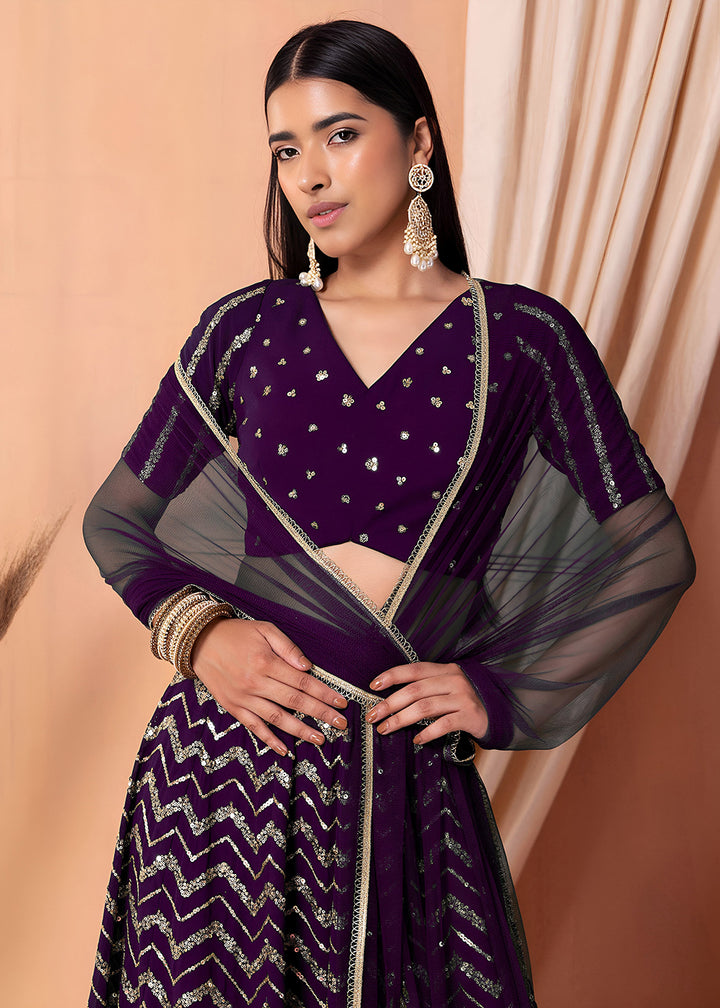 Buy Now Georgette Purple Zari & Sequins Wedding Festive Lehenga Choli Online in US, UK, Canada, France, Italy, Germany, Australia, Greece & Worldwide at Empress