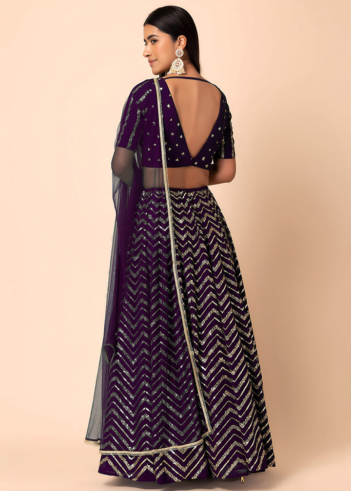 Buy Now Georgette Purple Zari & Sequins Wedding Festive Lehenga Choli Online in US, UK, Canada, France, Italy, Germany, Australia, Greece & Worldwide at Empress