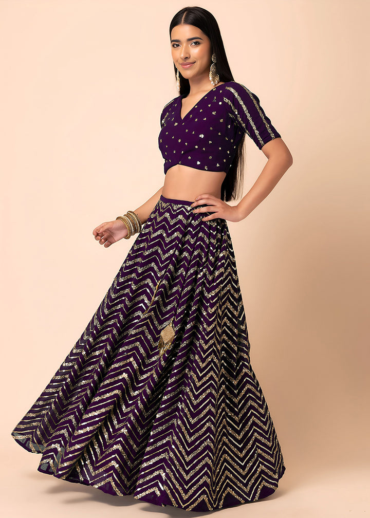 Buy Now Georgette Purple Zari & Sequins Wedding Festive Lehenga Choli Online in US, UK, Canada, France, Italy, Germany, Australia, Greece & Worldwide at Empress
