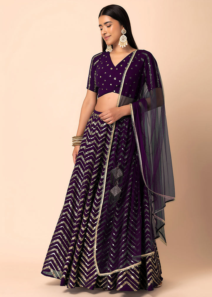 Buy Now Georgette Purple Zari & Sequins Wedding Festive Lehenga Choli Online in US, UK, Canada, France, Italy, Germany, Australia, Greece & Worldwide at Empress