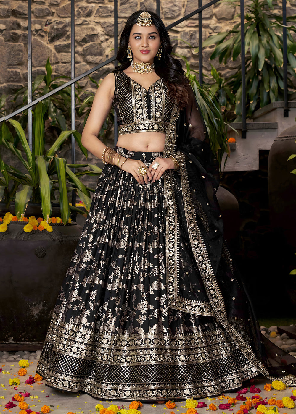 Buy Now Black Dola Silk Jacquard Festive Party Lehenga Choli Online in USA, UK, Canada, France, Italy, Germany, Australia, UAE & Worldwide at Empress Clothing.