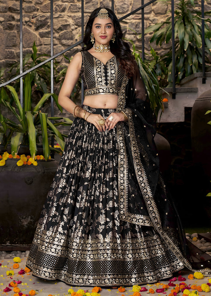 Buy Now Black Dola Silk Jacquard Festive Party Lehenga Choli Online in USA, UK, Canada, France, Italy, Germany, Australia, UAE & Worldwide at Empress Clothing.