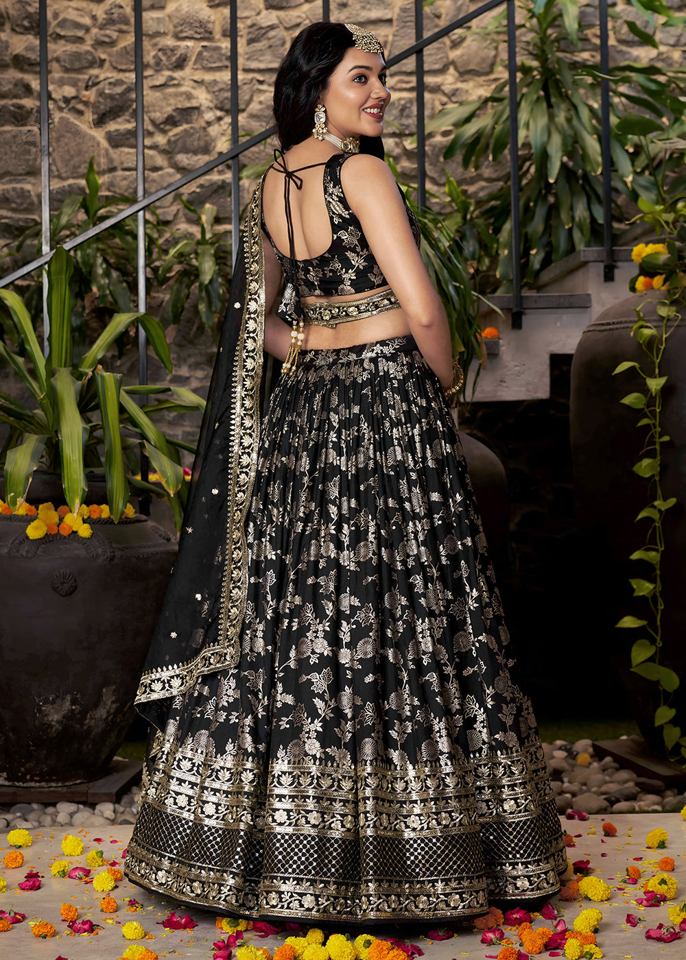 Buy Now Black Dola Silk Jacquard Festive Party Lehenga Choli Online in USA, UK, Canada, France, Italy, Germany, Australia, UAE & Worldwide at Empress Clothing.