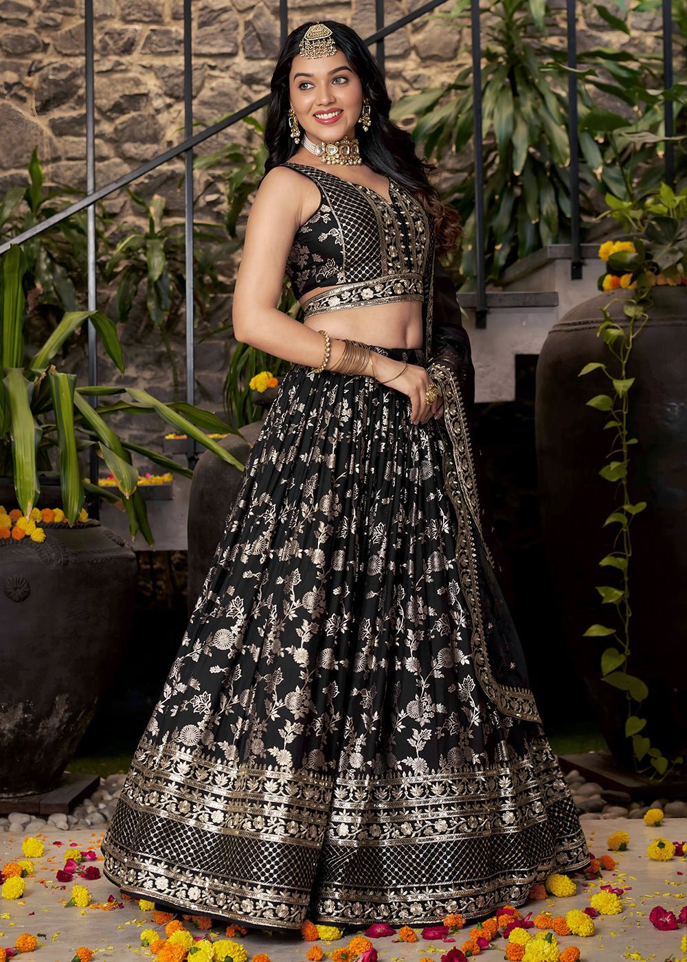 Buy Now Black Dola Silk Jacquard Festive Party Lehenga Choli Online in USA, UK, Canada, France, Italy, Germany, Australia, UAE & Worldwide at Empress Clothing.