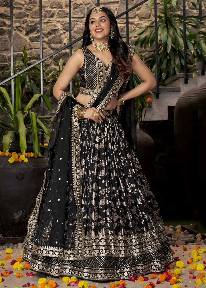 Buy Now Black Dola Silk Jacquard Festive Party Lehenga Choli Online in USA, UK, Canada, France, Italy, Germany, Australia, UAE & Worldwide at Empress Clothing.