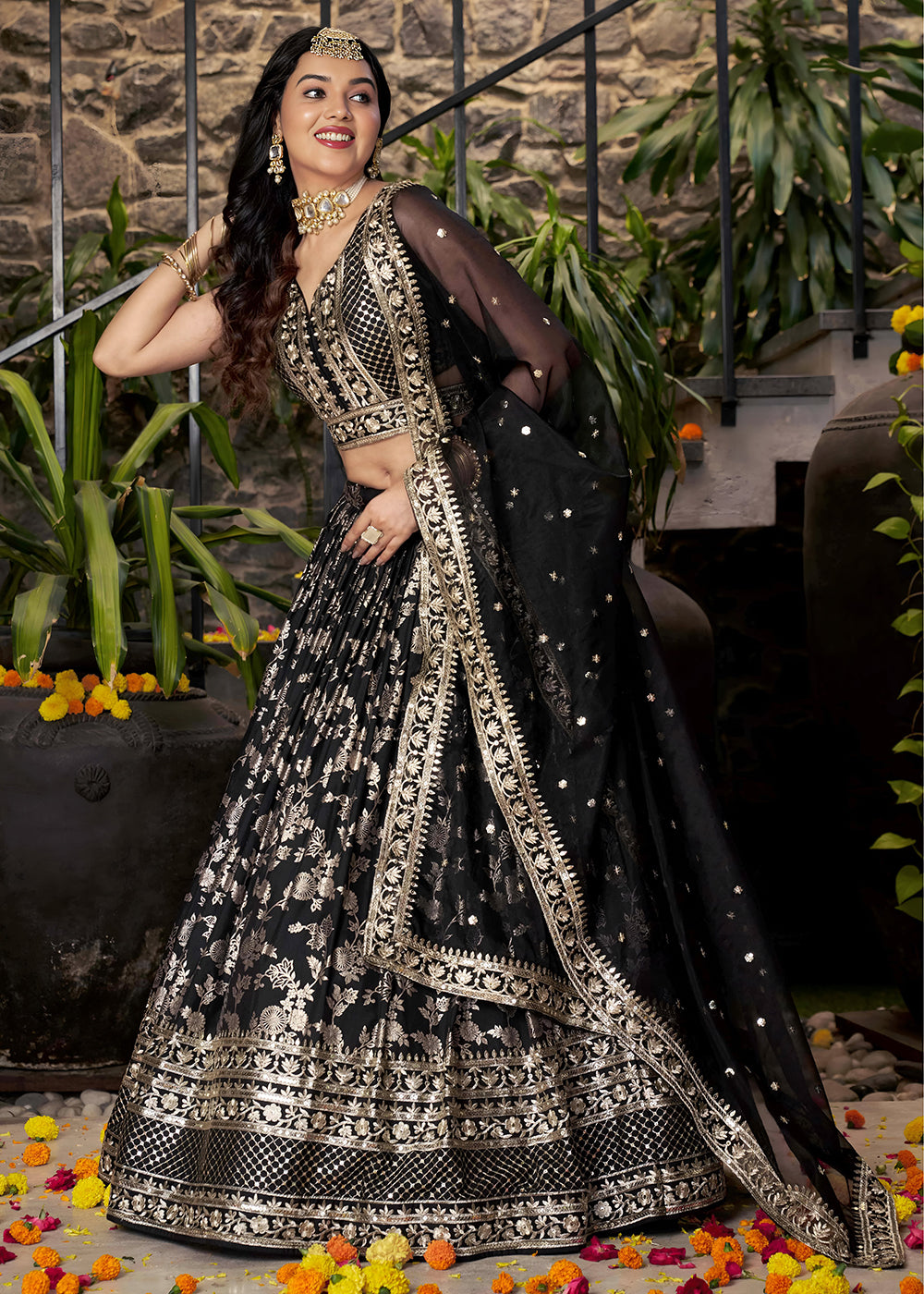 Buy Now Black Dola Silk Jacquard Festive Party Lehenga Choli Online in USA, UK, Canada, France, Italy, Germany, Australia, UAE & Worldwide at Empress Clothing.