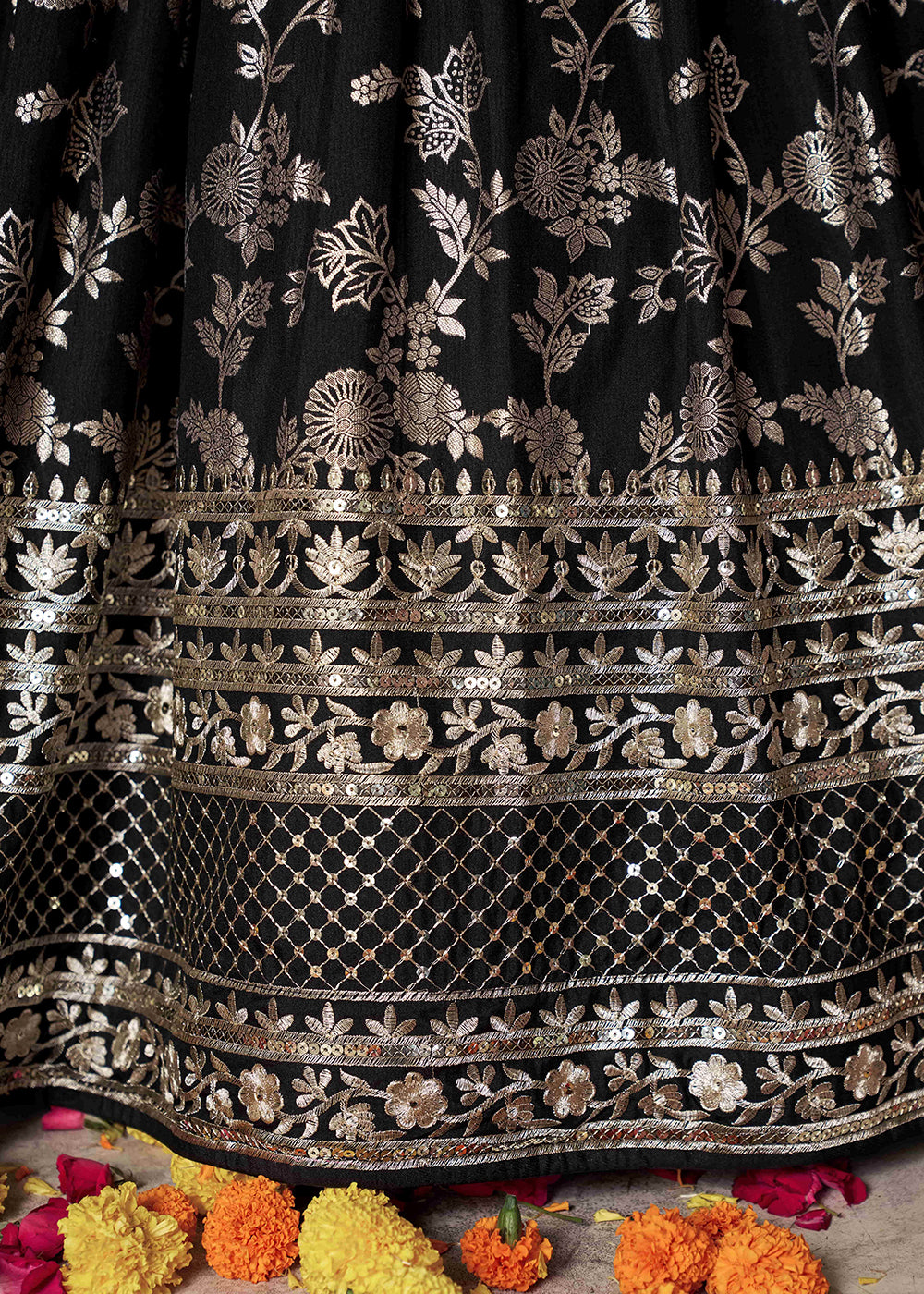 Buy Now Black Dola Silk Jacquard Festive Party Lehenga Choli Online in USA, UK, Canada, France, Italy, Germany, Australia, UAE & Worldwide at Empress Clothing.