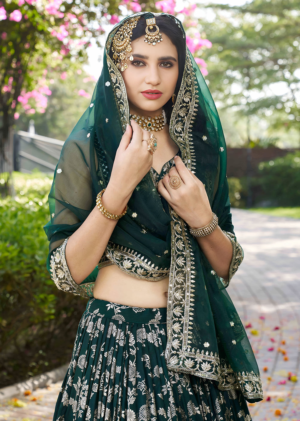 Buy Now Green Dola Silk Jacquard Festive Party Lehenga Choli Online in USA, UK, Canada, France, Italy, Germany, Australia, UAE & Worldwide at Empress Clothing.