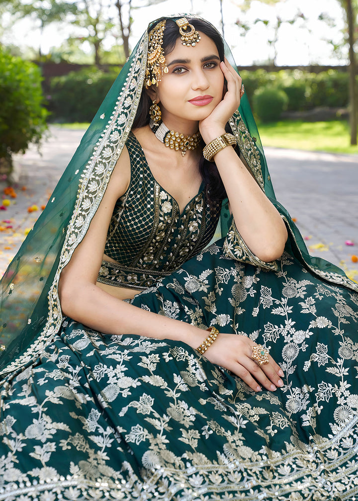 Buy Now Green Dola Silk Jacquard Festive Party Lehenga Choli Online in USA, UK, Canada, France, Italy, Germany, Australia, UAE & Worldwide at Empress Clothing.