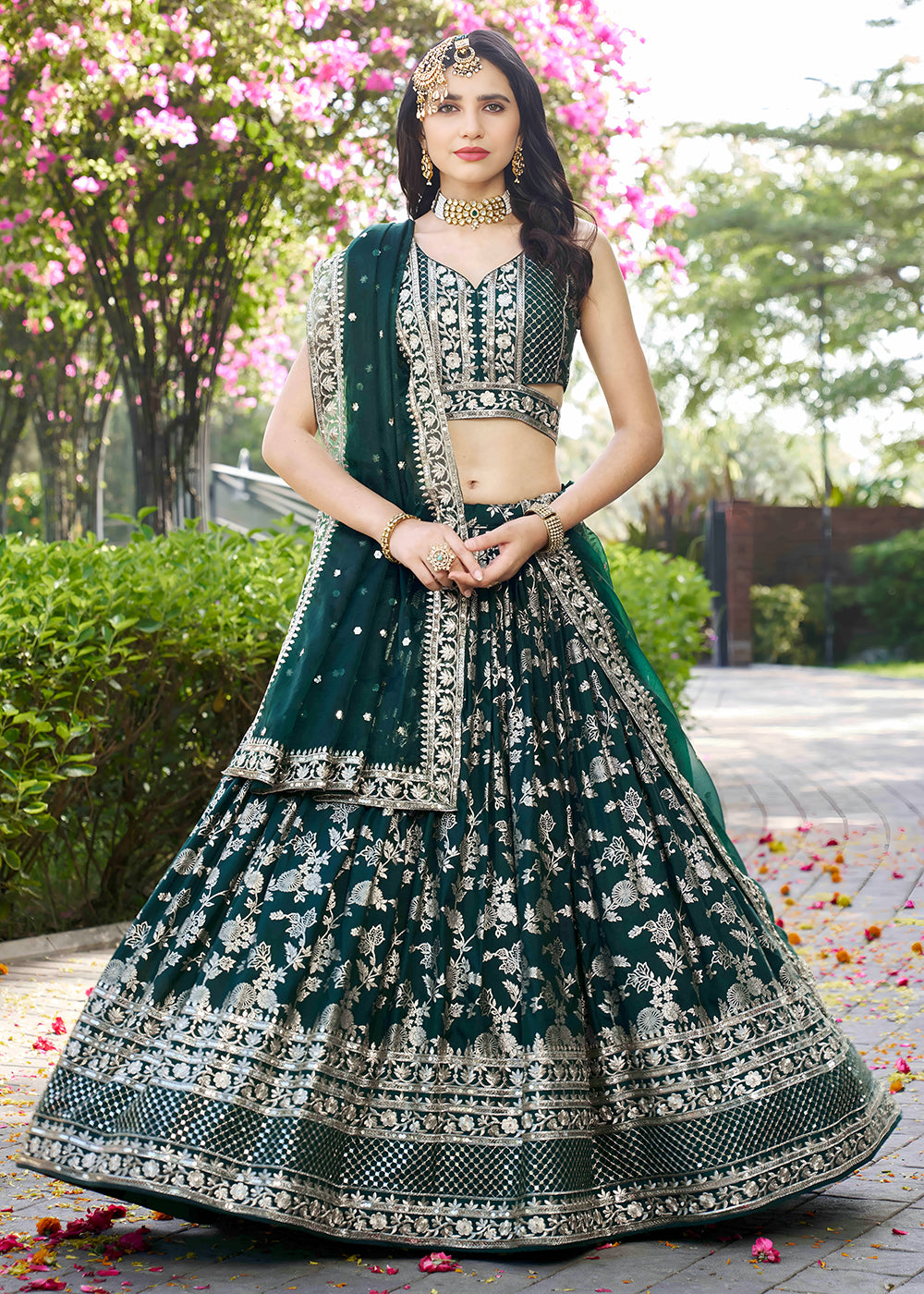Buy Now Green Dola Silk Jacquard Festive Party Lehenga Choli Online in USA, UK, Canada, France, Italy, Germany, Australia, UAE & Worldwide at Empress Clothing.