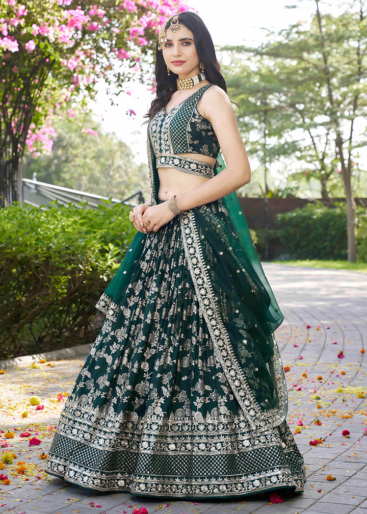 Buy Now Green Dola Silk Jacquard Festive Party Lehenga Choli Online in USA, UK, Canada, France, Italy, Germany, Australia, UAE & Worldwide at Empress Clothing.