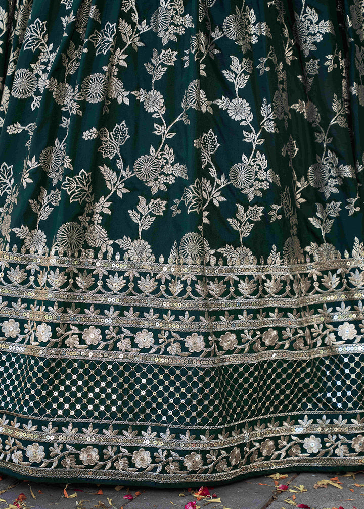 Buy Now Green Dola Silk Jacquard Festive Party Lehenga Choli Online in USA, UK, Canada, France, Italy, Germany, Australia, UAE & Worldwide at Empress Clothing.