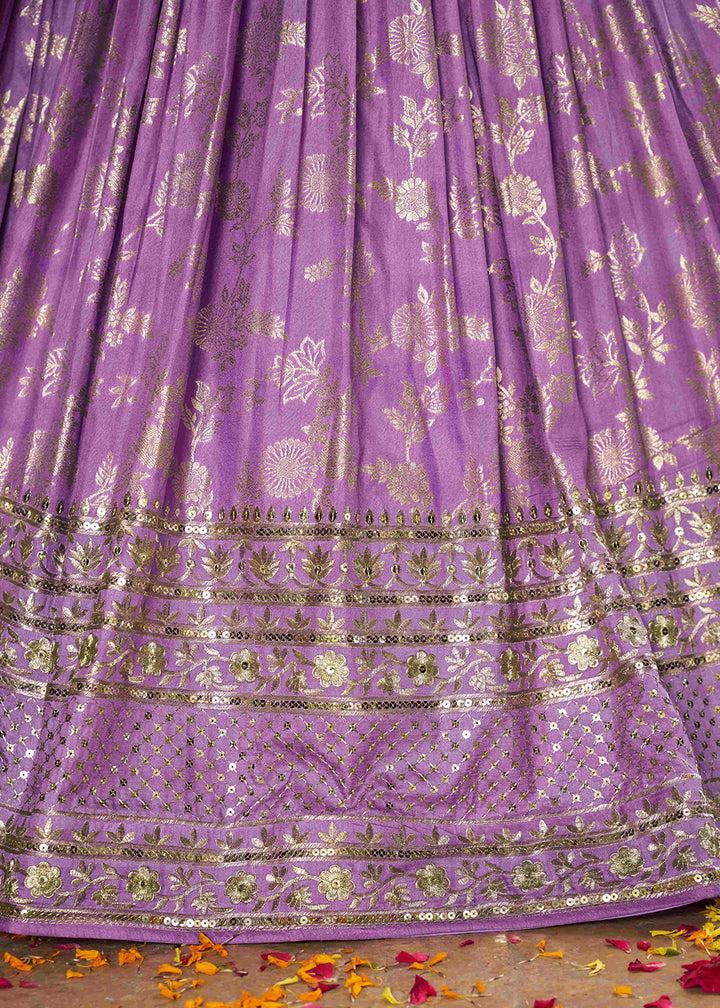 Buy Now Lavender Dola Silk Jacquard Festive Party Lehenga Choli Online in USA, UK, Canada, France, Italy, Germany, Australia & Worldwide at Empress Clothing.