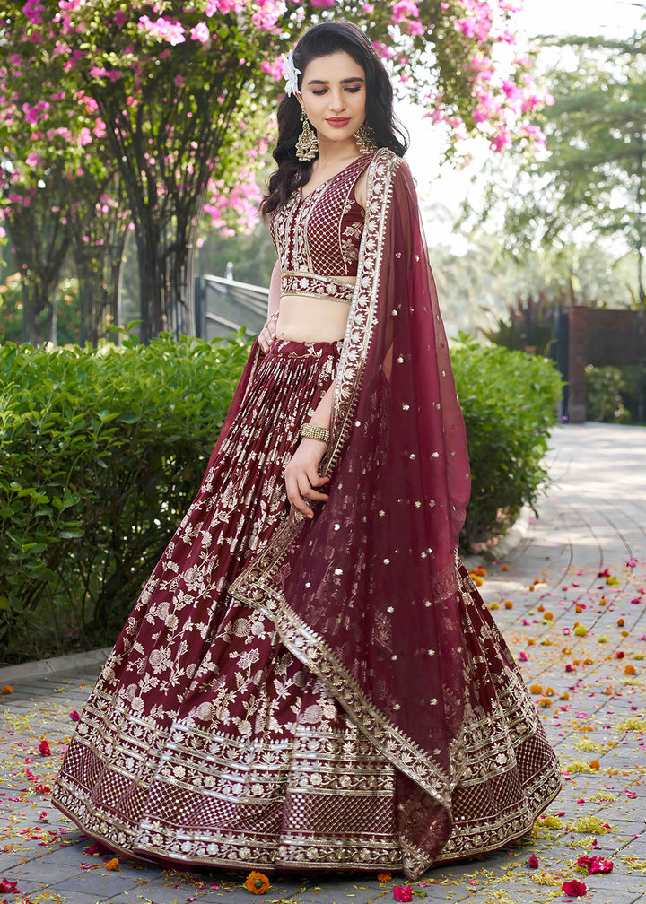Maroon Dola Silk Jacquard Festive Party Lehenga Choli
