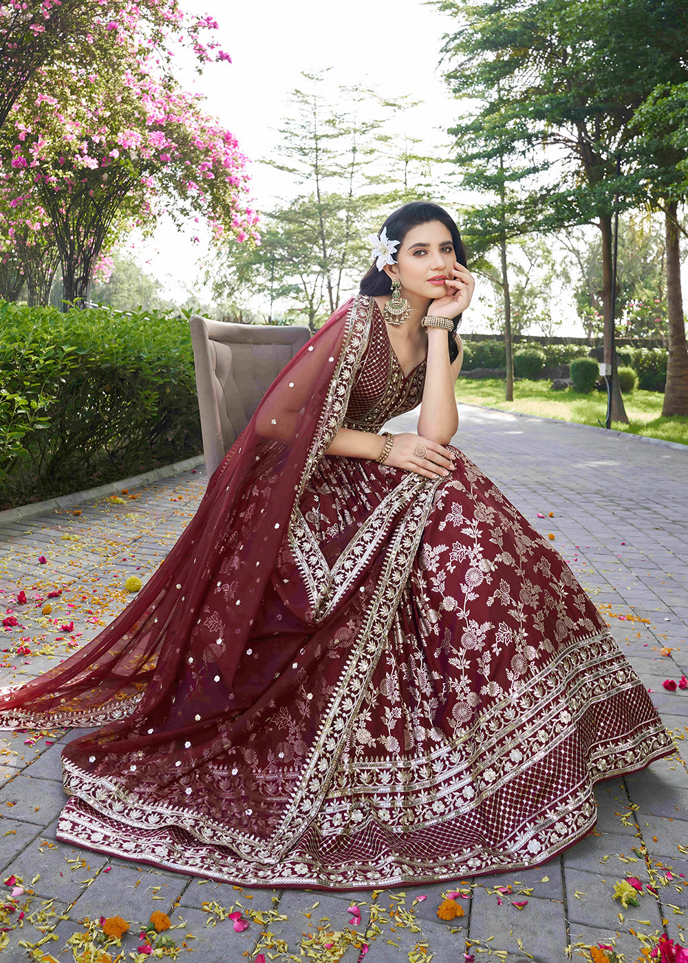 Buy Now Maroon Dola Silk Jacquard Festive Party Lehenga Choli Online in USA, UK, Canada, France, Italy, Germany, Australia, UAE & Worldwide at Empress Clothing.