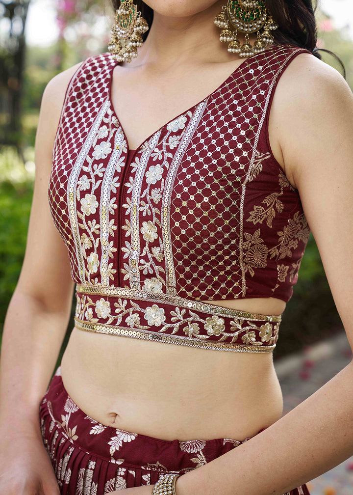 Buy Now Maroon Dola Silk Jacquard Festive Party Lehenga Choli Online in USA, UK, Canada, France, Italy, Germany, Australia, UAE & Worldwide at Empress Clothing.