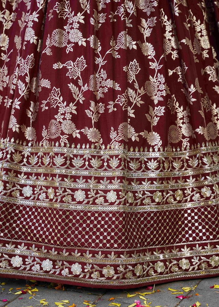 Buy Now Maroon Dola Silk Jacquard Festive Party Lehenga Choli Online in USA, UK, Canada, France, Italy, Germany, Australia, UAE & Worldwide at Empress Clothing.