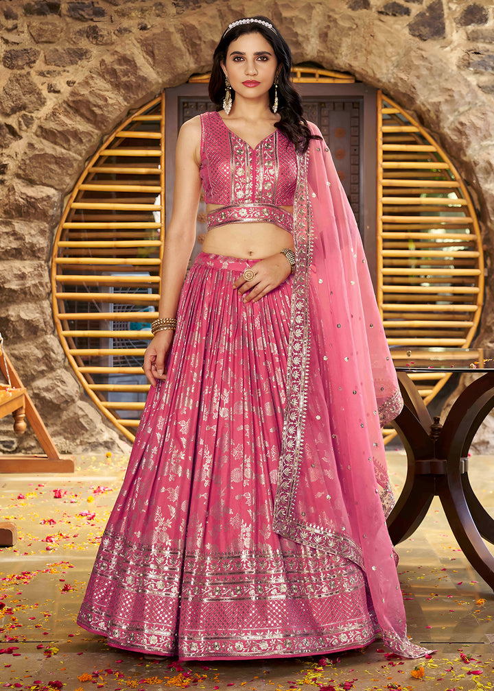 Buy Now Peach Dola Silk Jacquard Festive Party Lehenga Choli Online in USA, UK, Canada, France, Italy, Germany, Australia, UAE & Worldwide at Empress Clothing.
