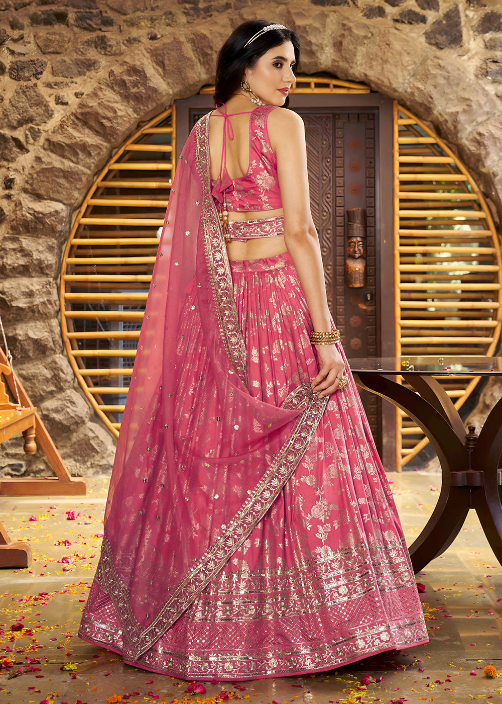 Buy Now Peach Dola Silk Jacquard Festive Party Lehenga Choli Online in USA, UK, Canada, France, Italy, Germany, Australia, UAE & Worldwide at Empress Clothing.
