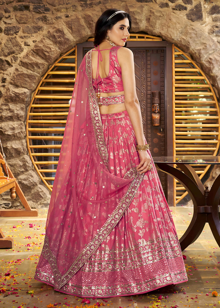 Buy Now Peach Dola Silk Jacquard Festive Party Lehenga Choli Online in USA, UK, Canada, France, Italy, Germany, Australia, UAE & Worldwide at Empress Clothing.