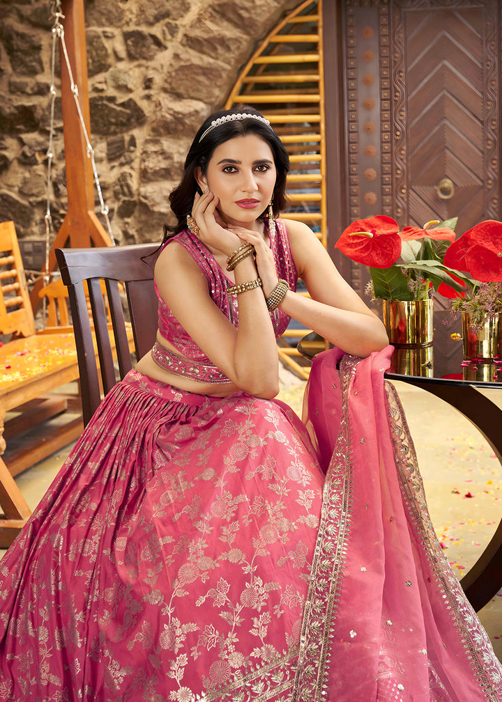 Buy Now Peach Dola Silk Jacquard Festive Party Lehenga Choli Online in USA, UK, Canada, France, Italy, Germany, Australia, UAE & Worldwide at Empress Clothing.
