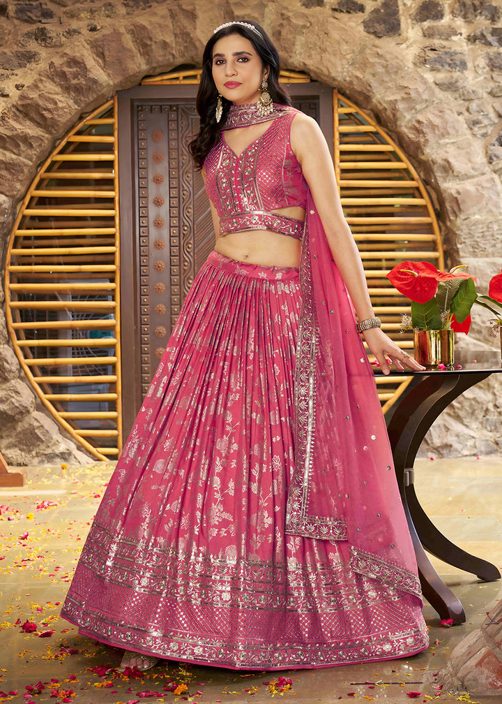 Buy Now Peach Dola Silk Jacquard Festive Party Lehenga Choli Online in USA, UK, Canada, France, Italy, Germany, Australia, UAE & Worldwide at Empress Clothing.