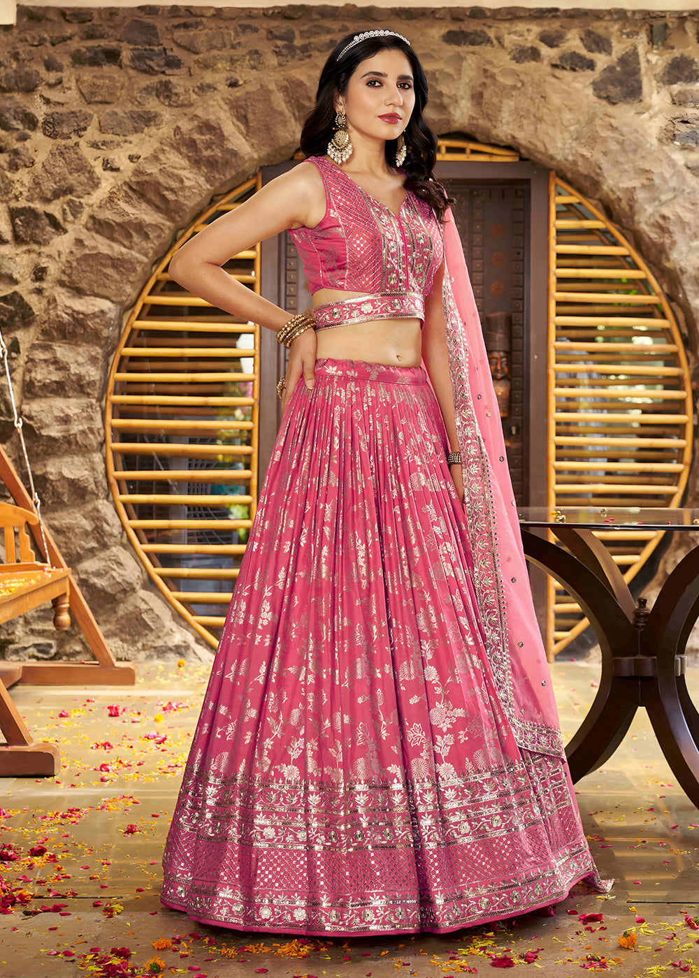 Buy Now Peach Dola Silk Jacquard Festive Party Lehenga Choli Online in USA, UK, Canada, France, Italy, Germany, Australia, UAE & Worldwide at Empress Clothing.