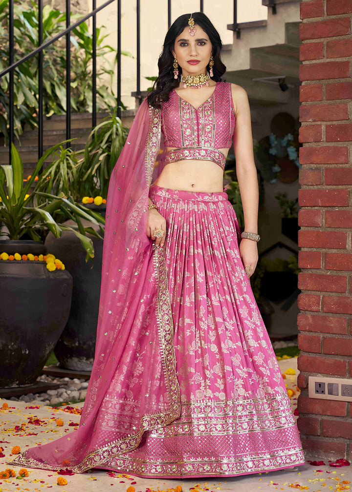 Buy Now Pink Dola Silk Jacquard Festive Party Lehenga Choli Online in USA, UK, Canada, France, Italy, Germany, Australia, UAE & Worldwide at Empress Clothing.