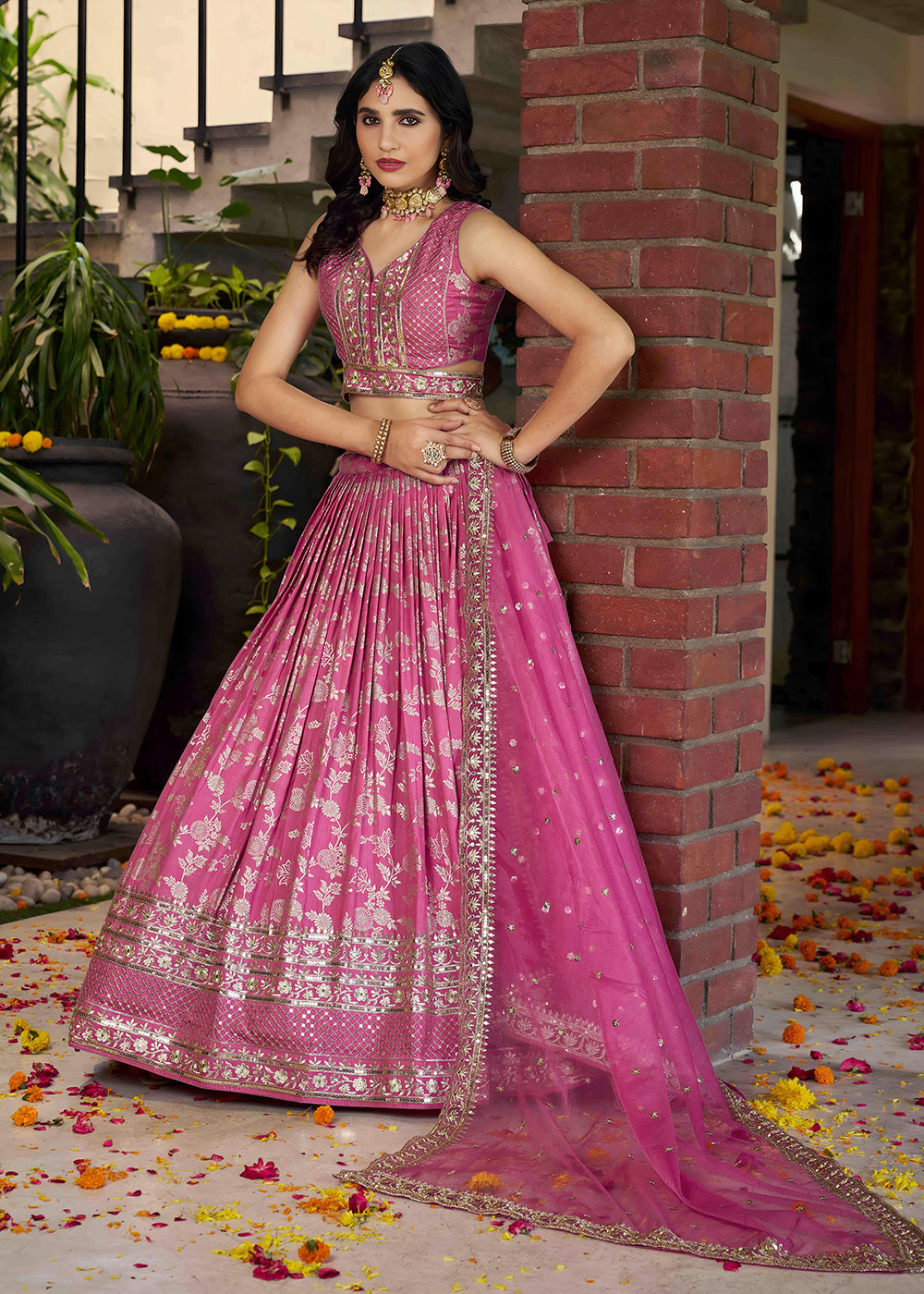 Buy Now Pink Dola Silk Jacquard Festive Party Lehenga Choli Online in USA, UK, Canada, France, Italy, Germany, Australia, UAE & Worldwide at Empress Clothing.