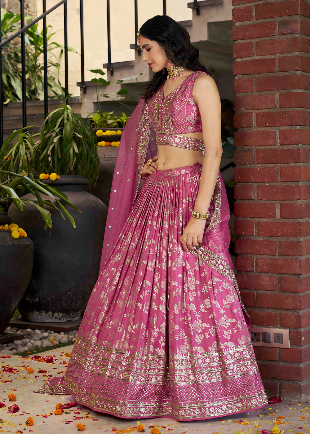 Buy Now Pink Dola Silk Jacquard Festive Party Lehenga Choli Online in USA, UK, Canada, France, Italy, Germany, Australia, UAE & Worldwide at Empress Clothing.