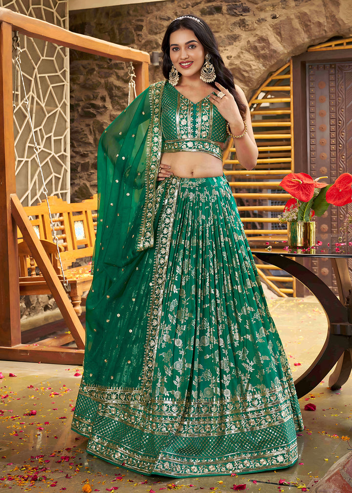 Buy Now Rama Dola Silk Jacquard Festive Party Lehenga Choli Online in USA, UK, Canada, France, Italy, Germany, Australia, UAE & Worldwide at Empress Clothing.