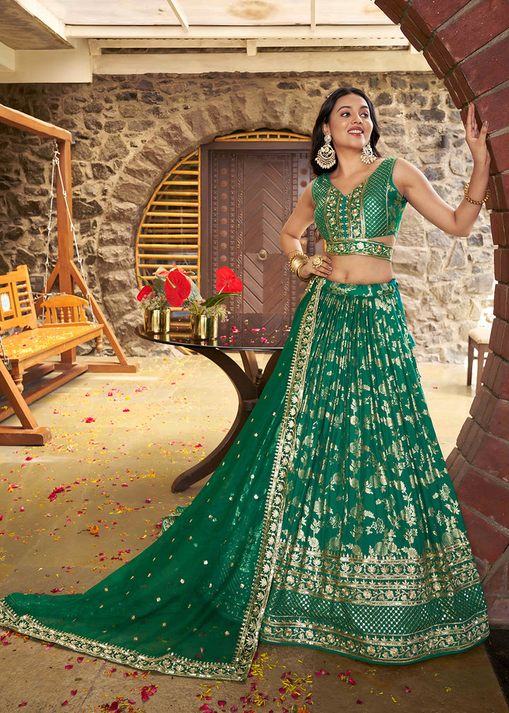 Buy Now Rama Dola Silk Jacquard Festive Party Lehenga Choli Online in USA, UK, Canada, France, Italy, Germany, Australia, UAE & Worldwide at Empress Clothing.
