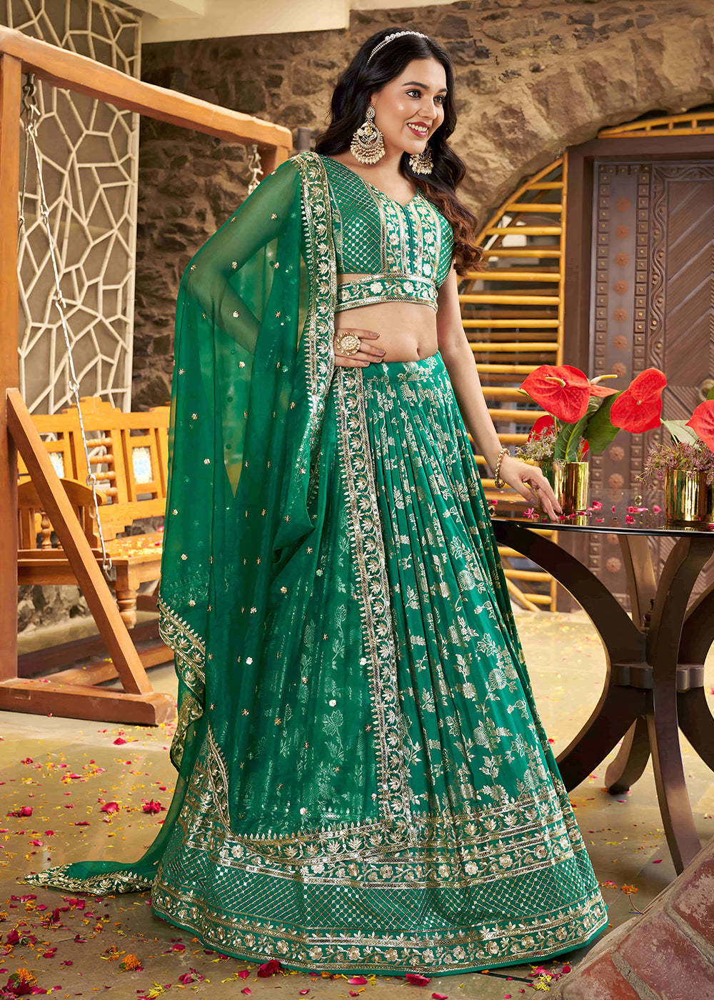 Buy Now Rama Dola Silk Jacquard Festive Party Lehenga Choli Online in USA, UK, Canada, France, Italy, Germany, Australia, UAE & Worldwide at Empress Clothing.