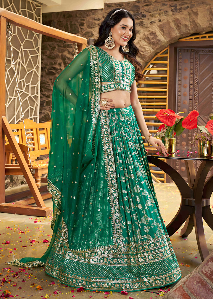 Buy Now Rama Dola Silk Jacquard Festive Party Lehenga Choli Online in USA, UK, Canada, France, Italy, Germany, Australia, UAE & Worldwide at Empress Clothing.