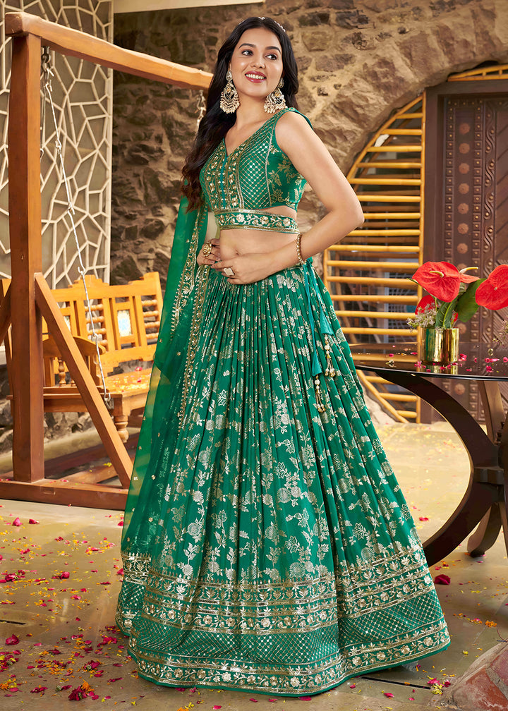 Buy Now Rama Dola Silk Jacquard Festive Party Lehenga Choli Online in USA, UK, Canada, France, Italy, Germany, Australia, UAE & Worldwide at Empress Clothing.