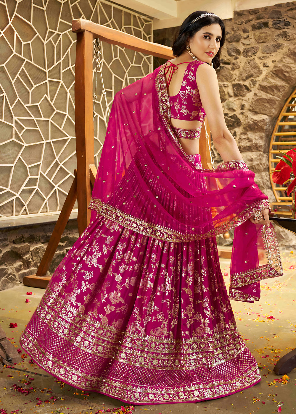 Buy Now Rani Dola Silk Jacquard Festive Party Lehenga Choli Online in USA, UK, Canada, France, Italy, Germany, Australia, UAE & Worldwide at Empress Clothing.