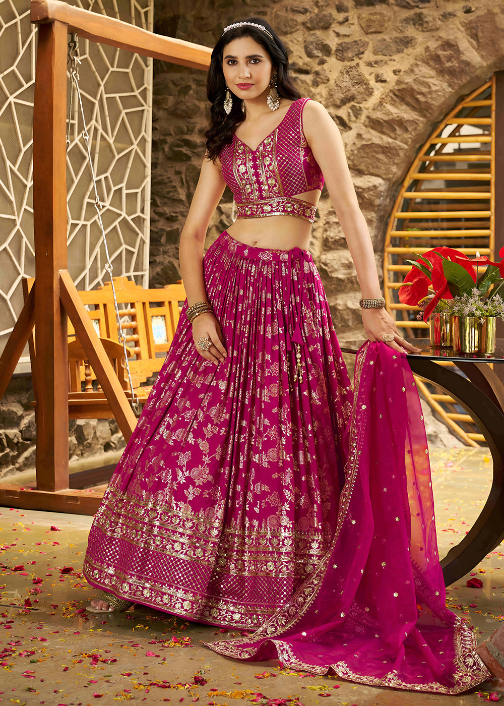 Buy Now Rani Dola Silk Jacquard Festive Party Lehenga Choli Online in USA, UK, Canada, France, Italy, Germany, Australia, UAE & Worldwide at Empress Clothing.