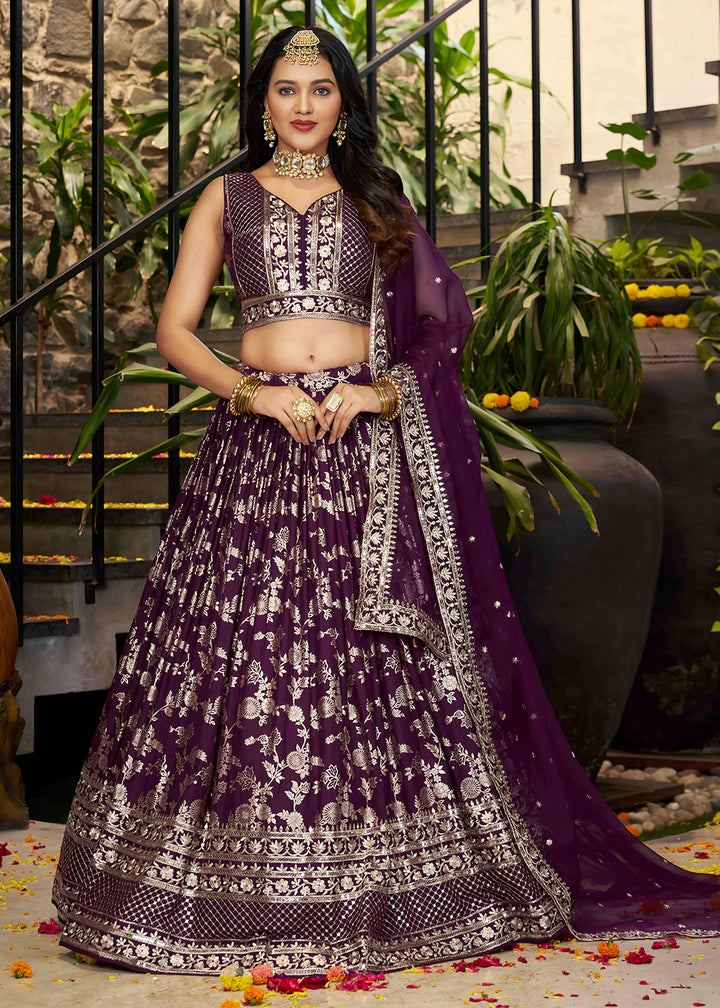 Buy Now Wine Dola Silk Jacquard Festive Party Lehenga Choli Online in USA, UK, Canada, France, Italy, Germany, Australia, UAE & Worldwide at Empress Clothing.