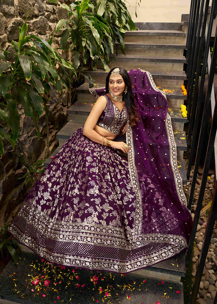 Buy Now Wine Dola Silk Jacquard Festive Party Lehenga Choli Online in USA, UK, Canada, France, Italy, Germany, Australia, UAE & Worldwide at Empress Clothing.