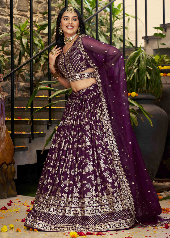 Buy Now Wine Dola Silk Jacquard Festive Party Lehenga Choli Online in USA, UK, Canada, France, Italy, Germany, Australia, UAE & Worldwide at Empress Clothing.