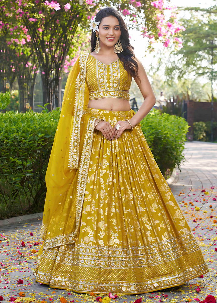 Buy Now Yellow Dola Silk Jacquard Festive Party Lehenga Choli Online in USA, UK, Canada, France, Italy, Germany, Australia, UAE & Worldwide at Empress Clothing.